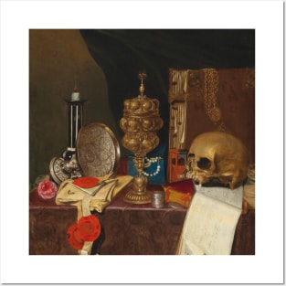 Vanitas Still Life with Vessels, Books, Documents and a Skull by Circle of Edwaert Collier Posters and Art